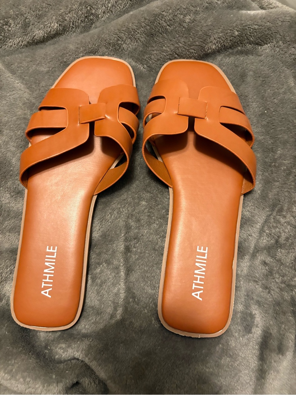 Women's Brown Slide Sandals - Leather-Look Comfort Size 11